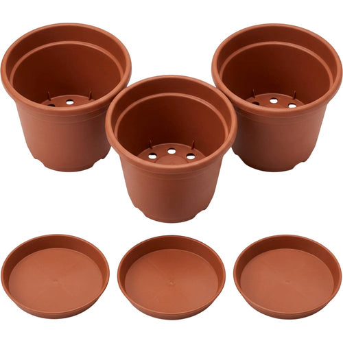 Edkvn Three Pack Eight Inch Plastic Nursery Pots Terracotta - Product view