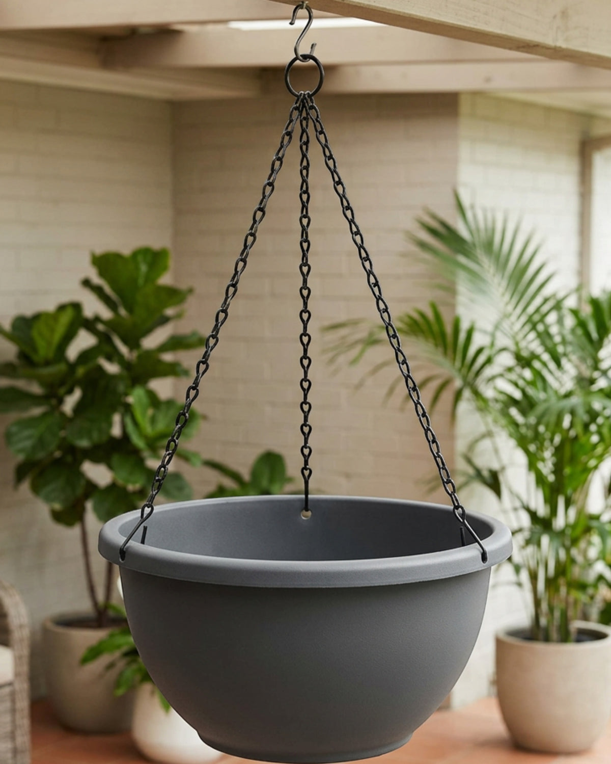 Edkvn Twelve Inch Three Point Chain Hanging Planter Charcoal - Lifestyle view